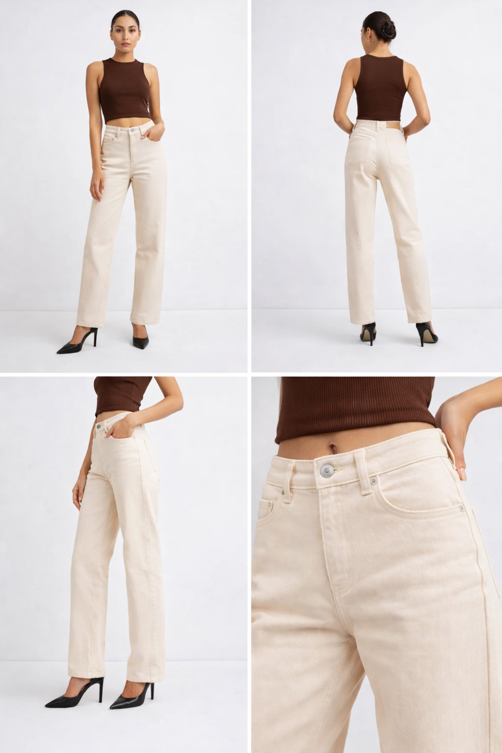 Beige Straight Fit High-Waist Denim Jeans