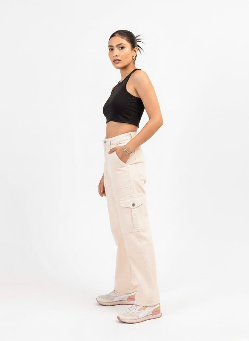 Beige Straight Fit Cargo Pants