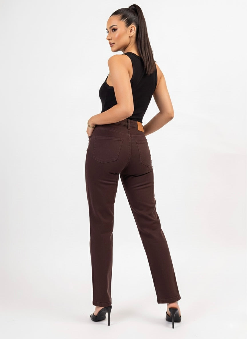 Coffee Straight Fit High-Waist Denim Jeans