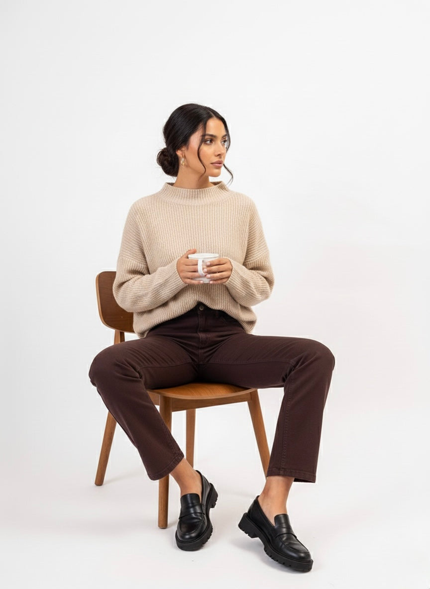 Coffee Straight Fit High-Waist Denim Jeans