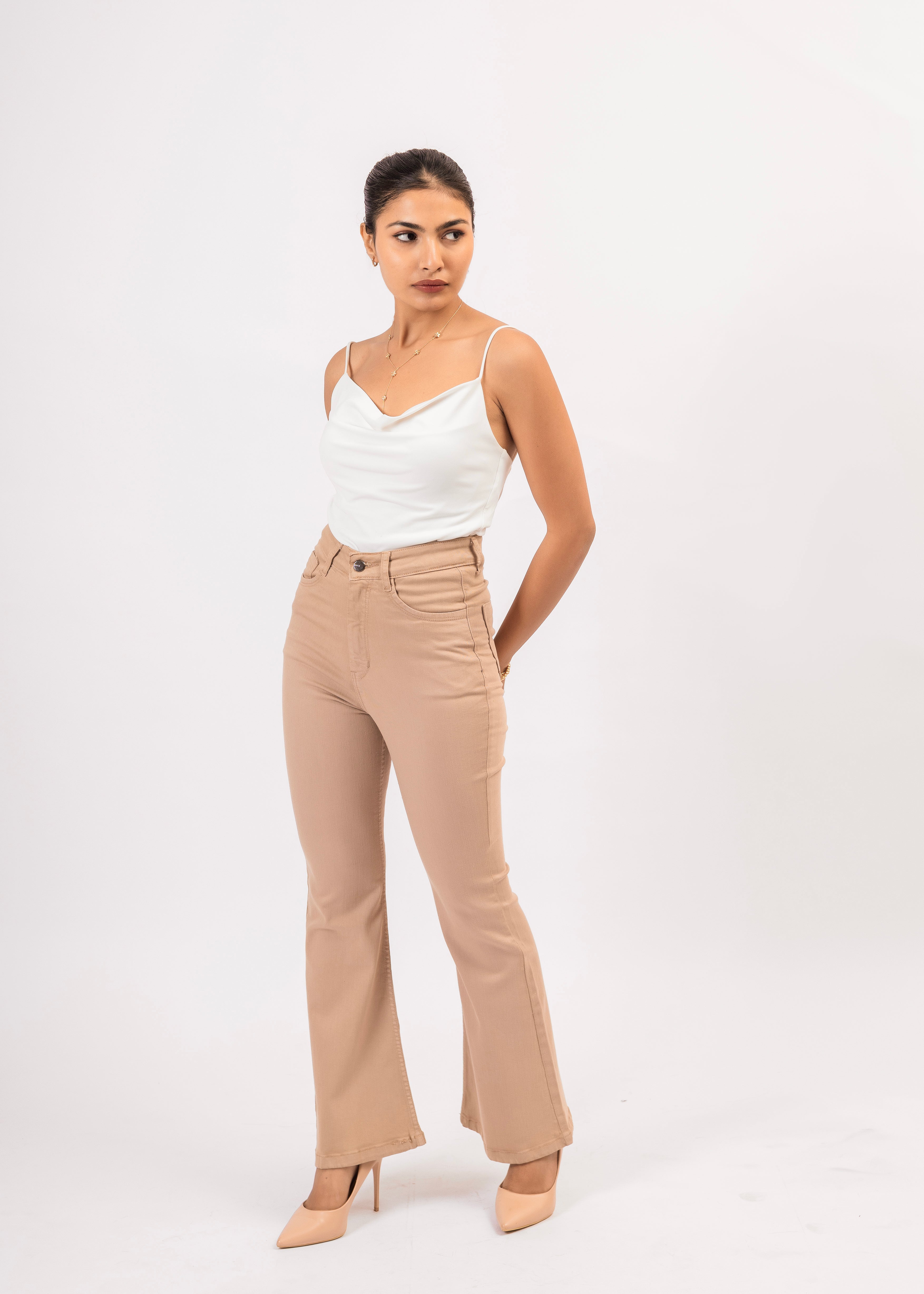 Beige High-Rise Bootcut Denim Jeans