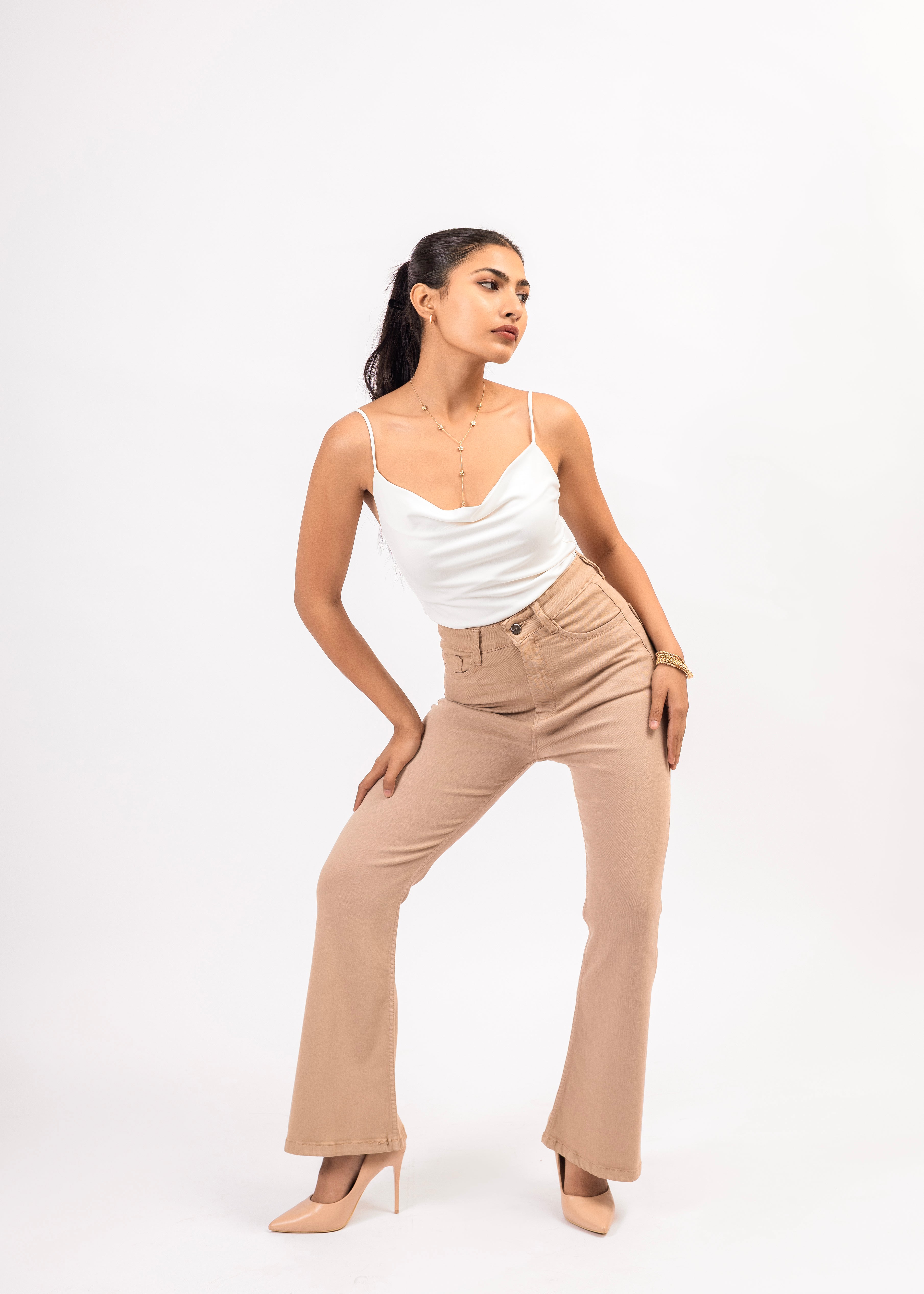 Beige High-Rise Bootcut Denim Jeans