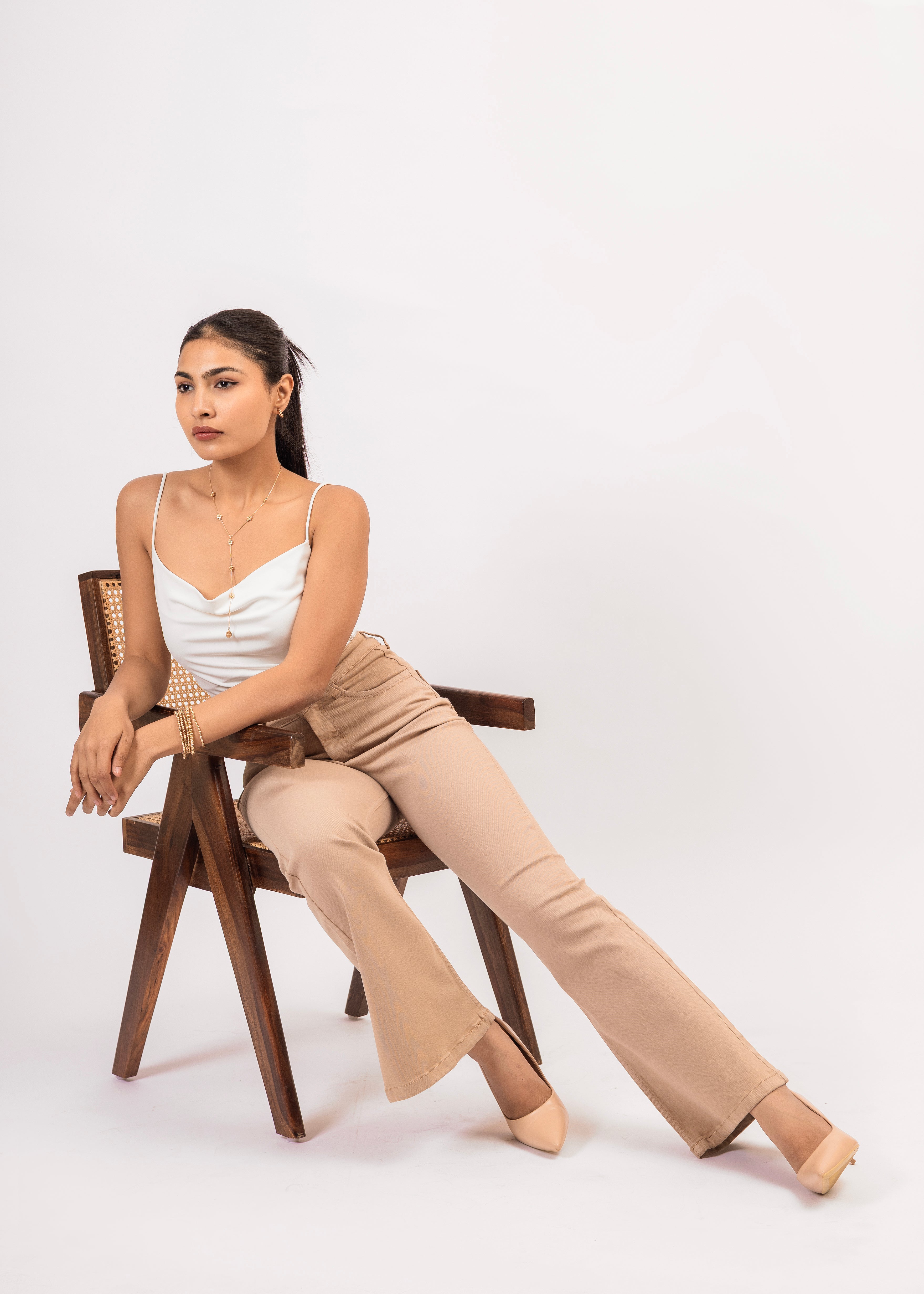 Beige High-Rise Bootcut Denim Jeans