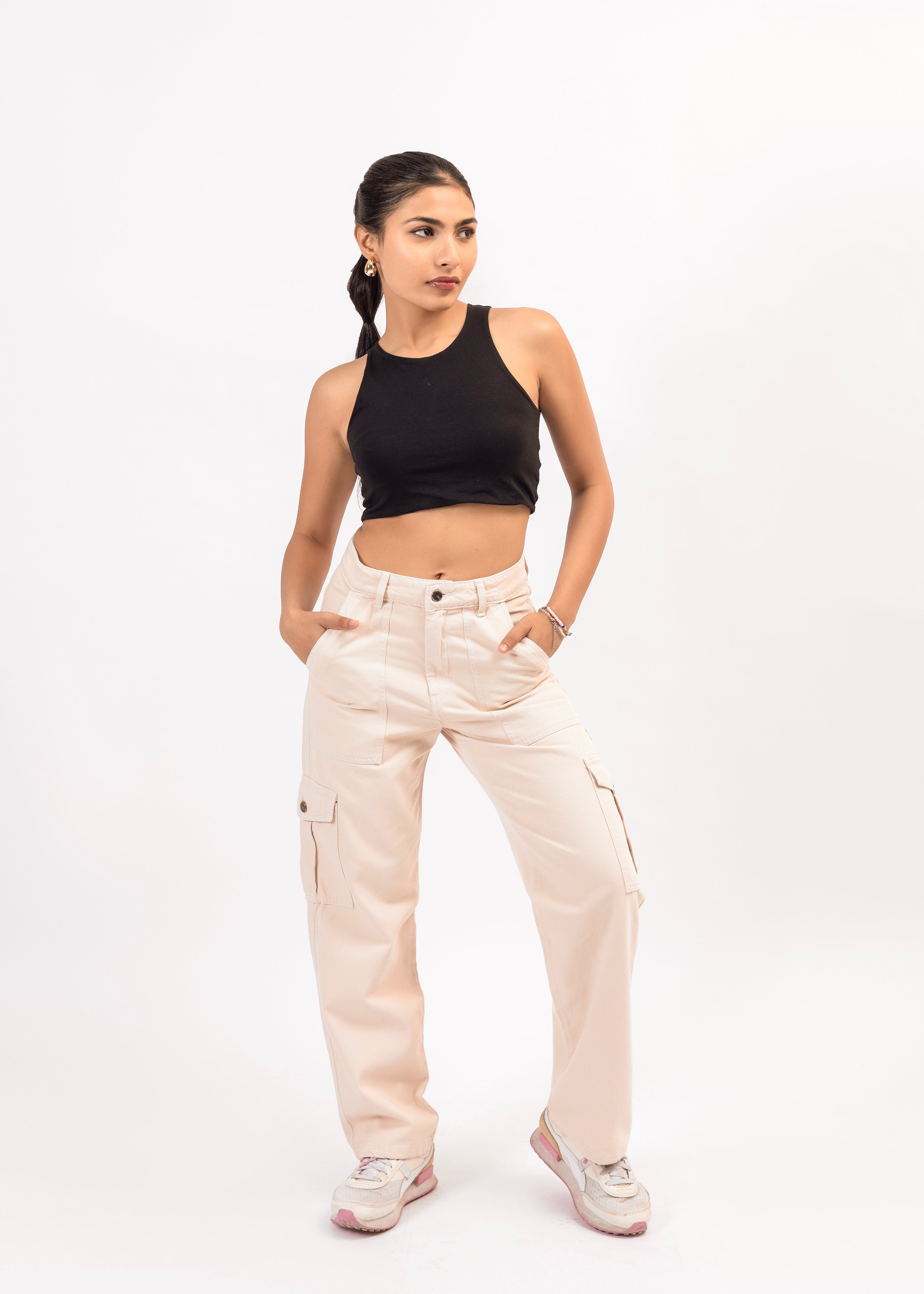 Beige Straight Fit Cargo Pants