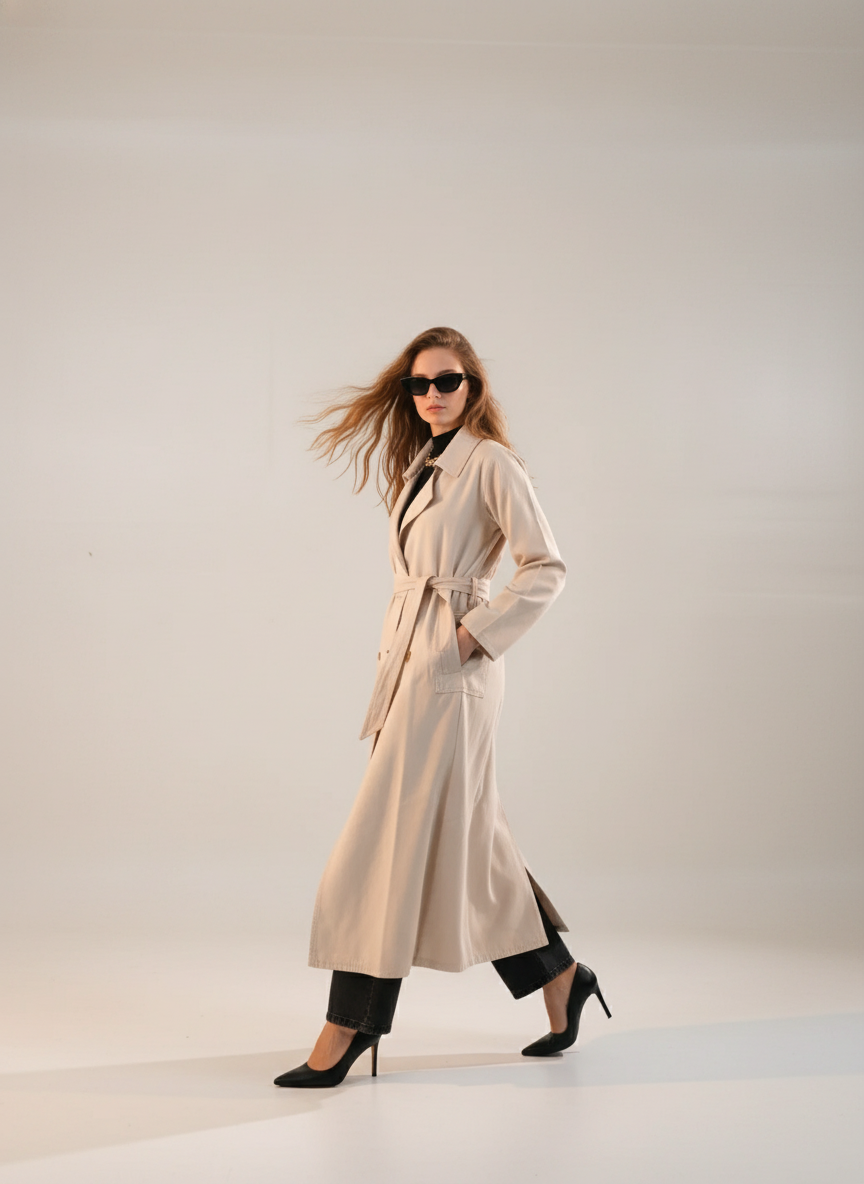 Belted long windbreaker coat