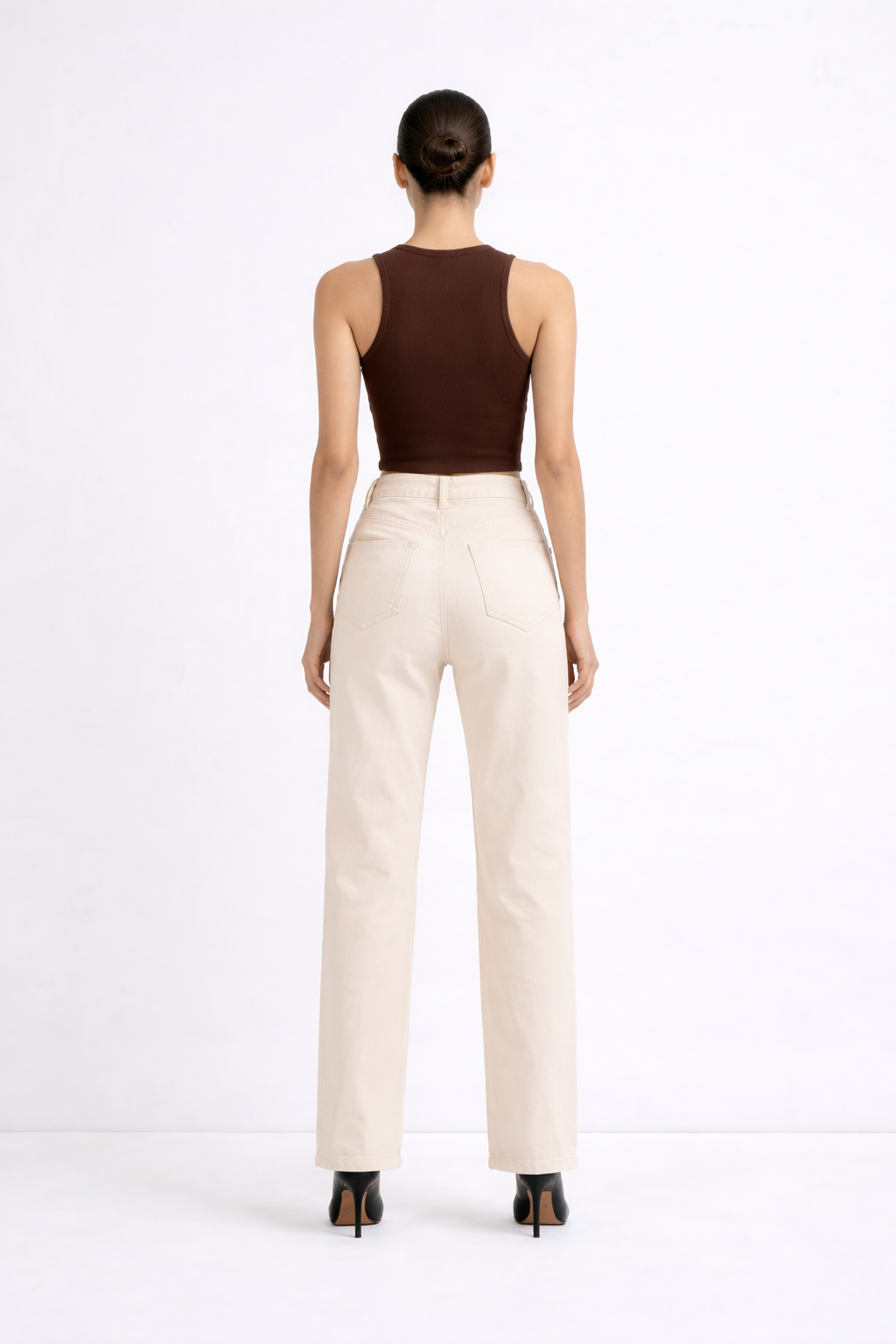 Beige Straight Fit High-Waist Denim Jeans