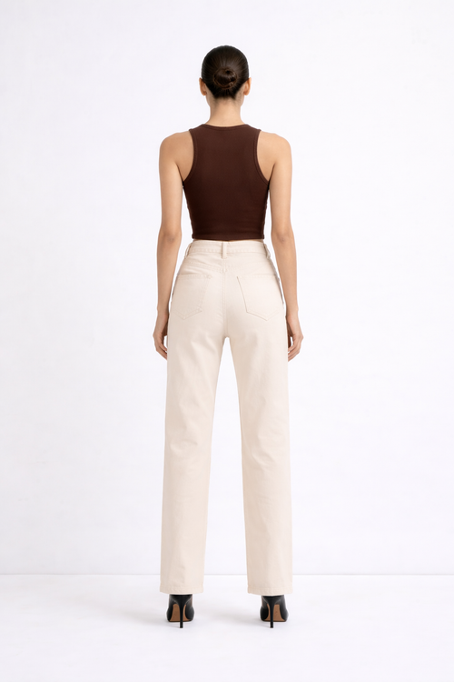 Beige Straight Fit High-Waist Denim Jeans