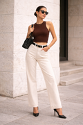 Beige Straight Fit High-Waist Denim Jeans