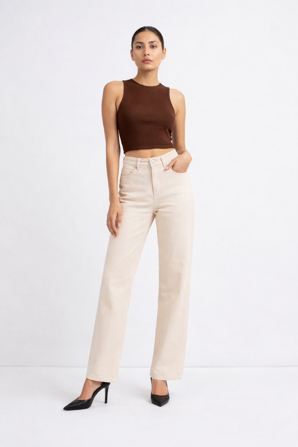 Beige Straight Fit High-Waist Denim Jeans