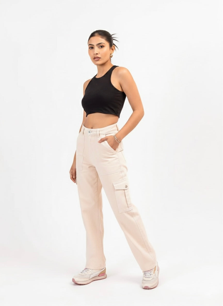 Beige Straight Fit Cargo Pants