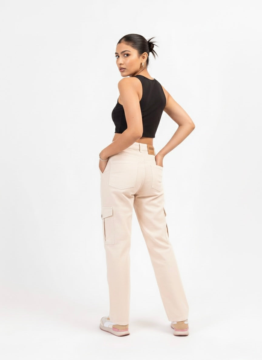 Beige Straight Fit Cargo Pants