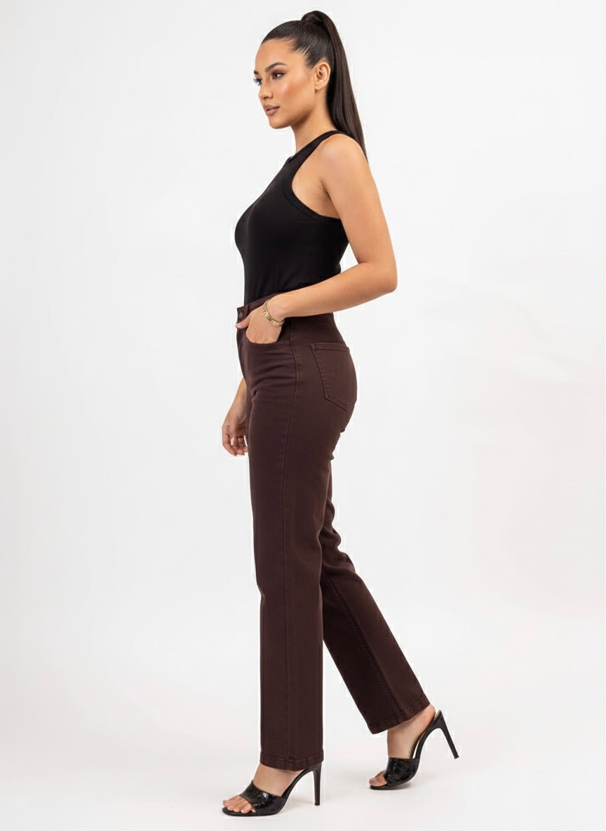 Coffee Straight Fit High-Waist Denim Jeans