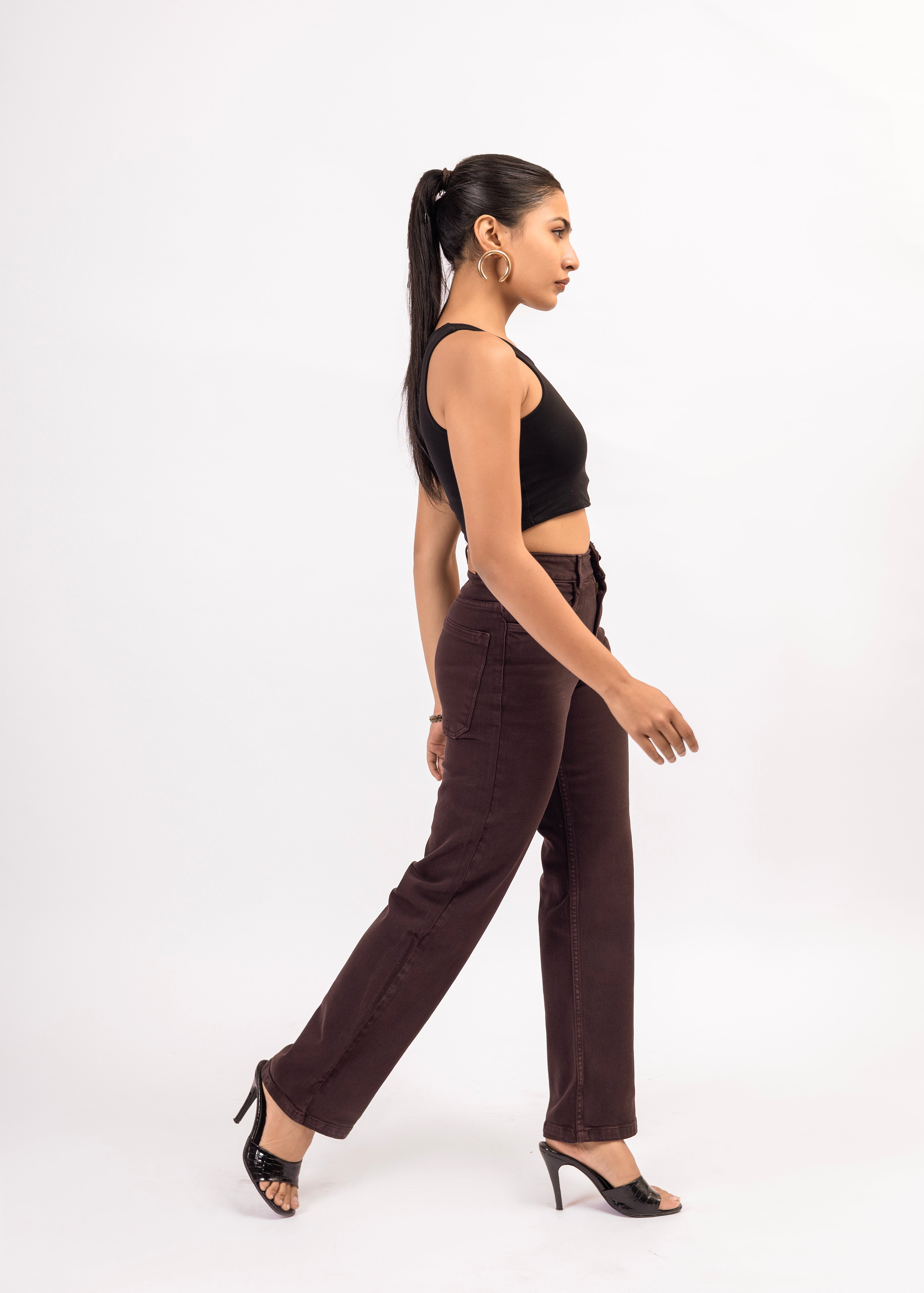 Coffee Straight Fit High-Waist Denim Jeans