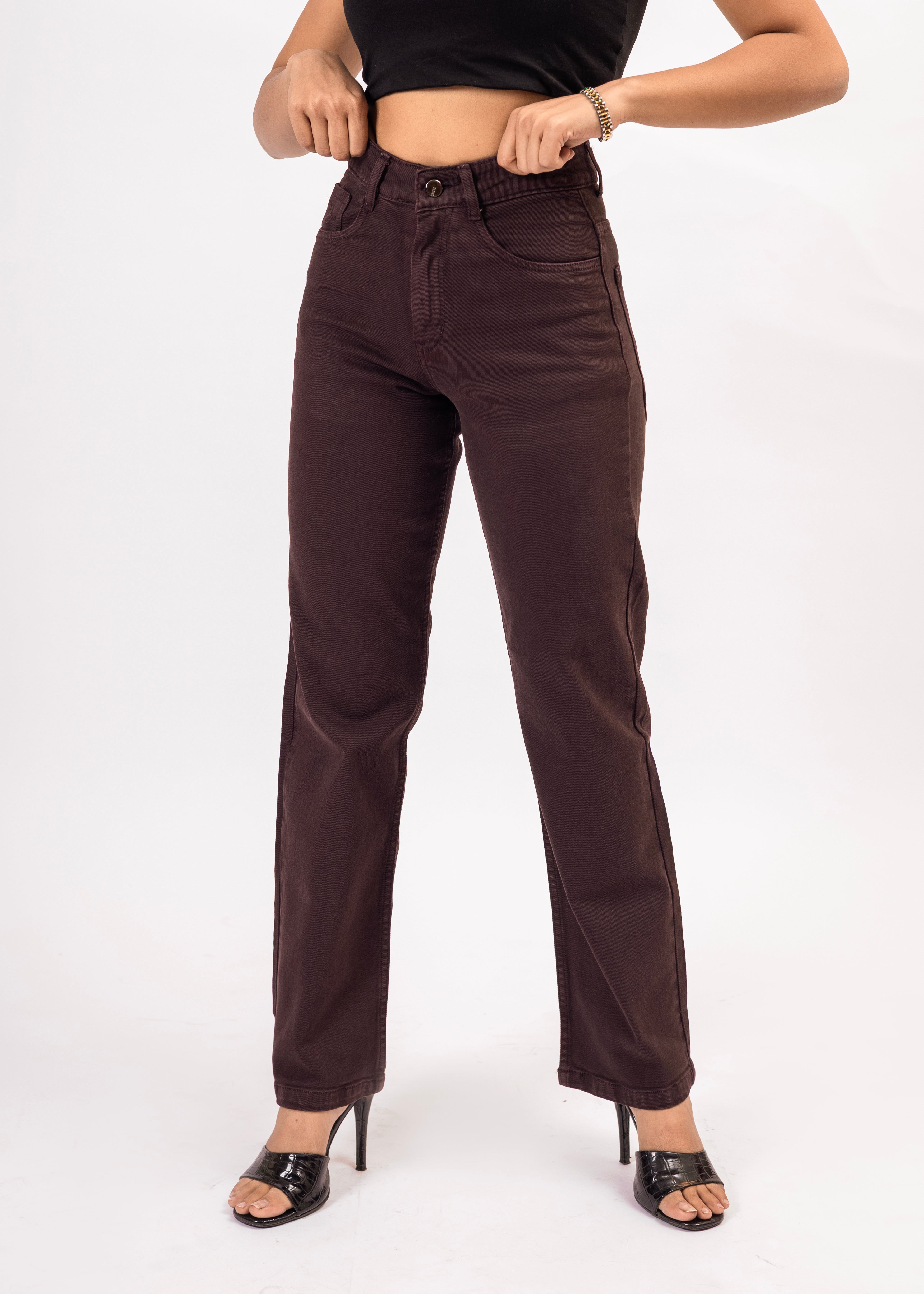 Coffee Straight Fit High-Waist Denim Jeans