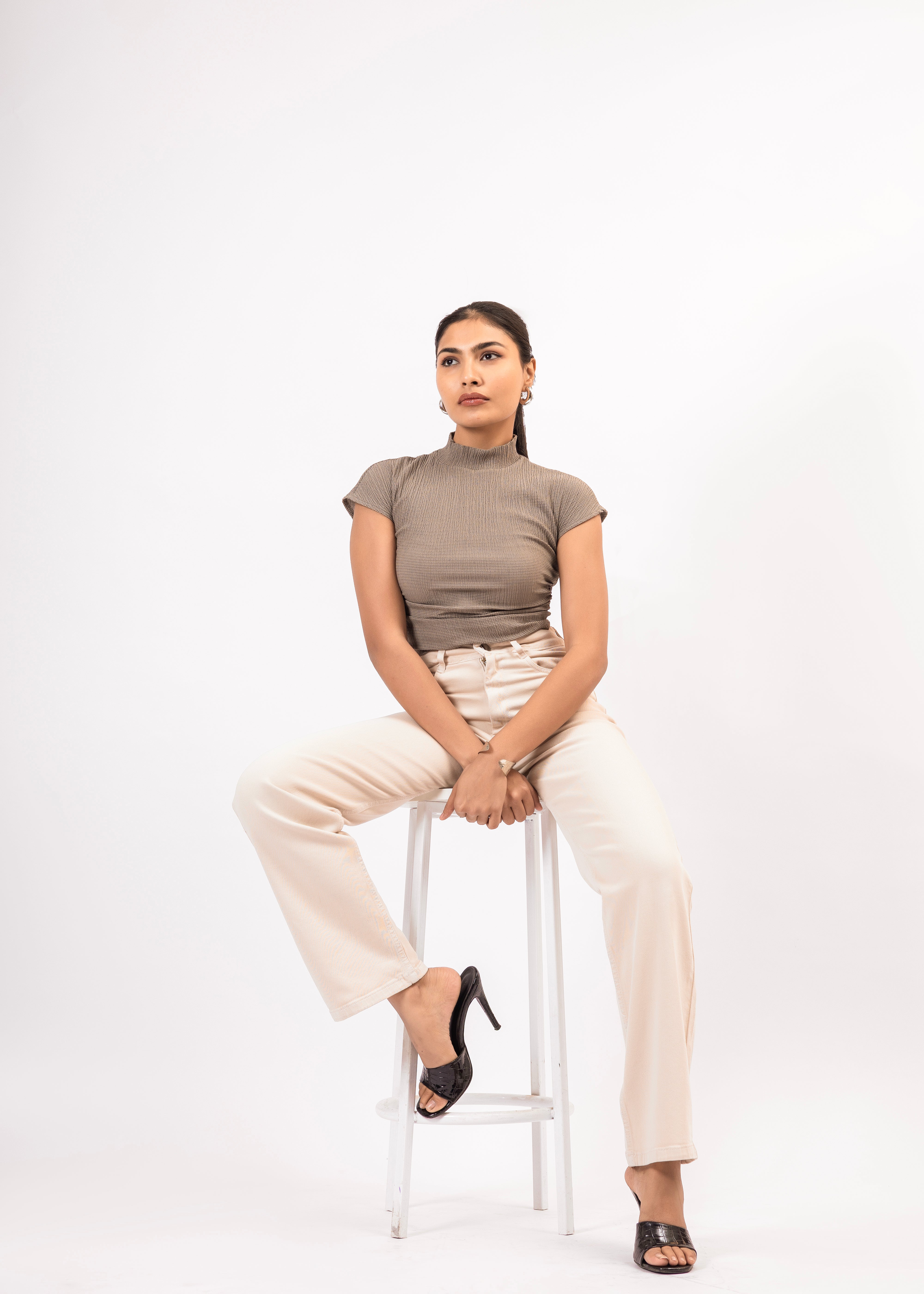 Beige Straight Fit High-Waist Denim Jeans