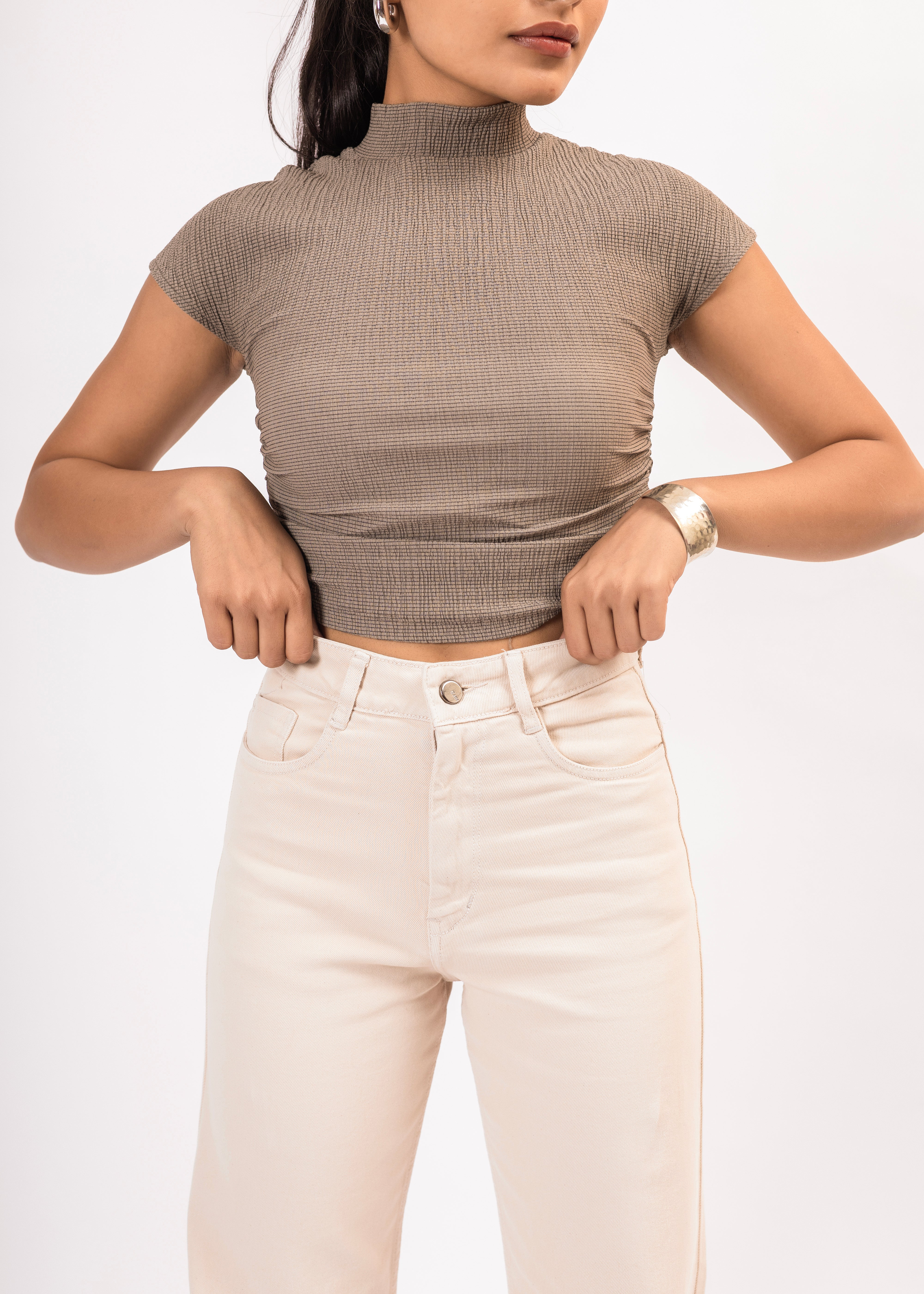 Beige Straight Fit High-Waist Denim Jeans