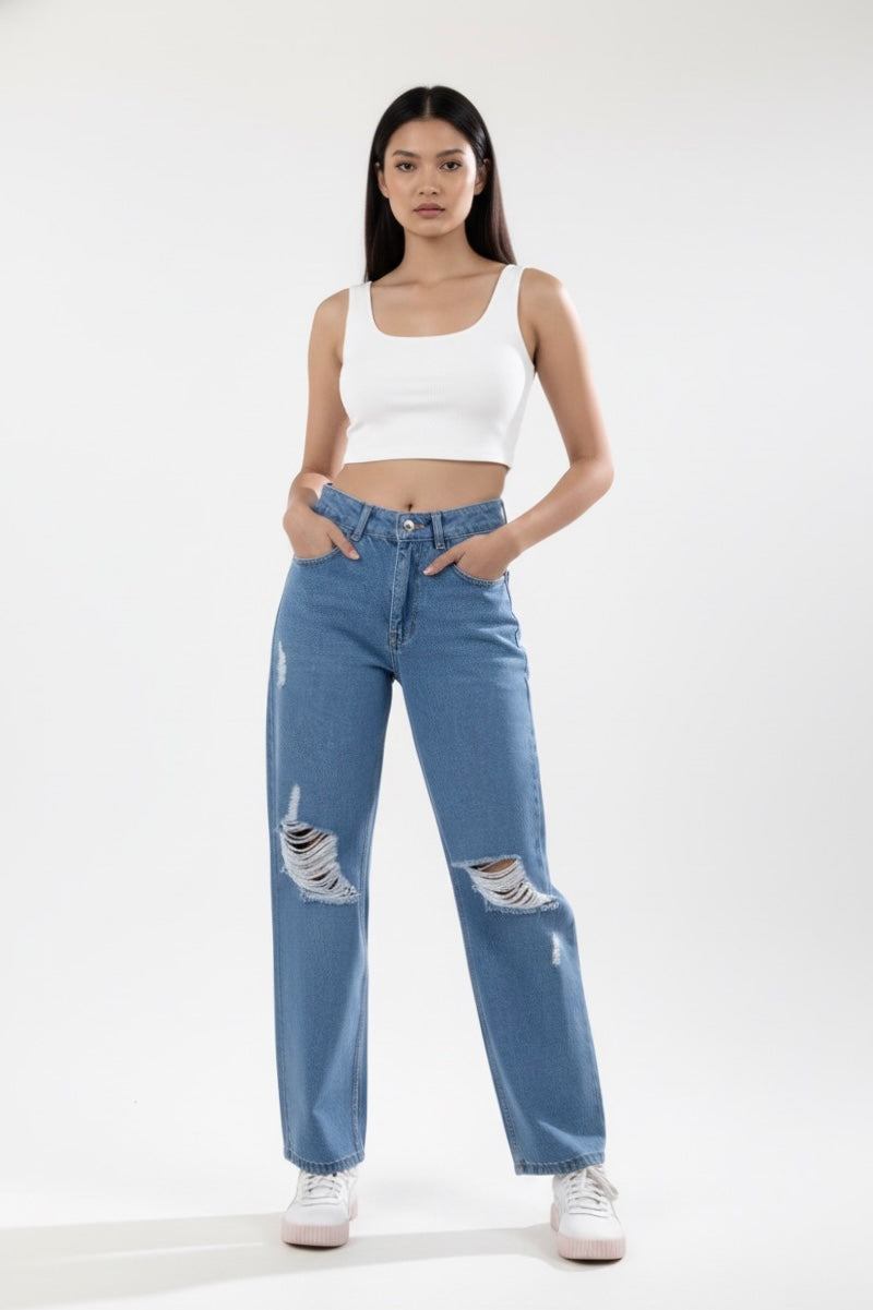 Distressed Straight fit denim