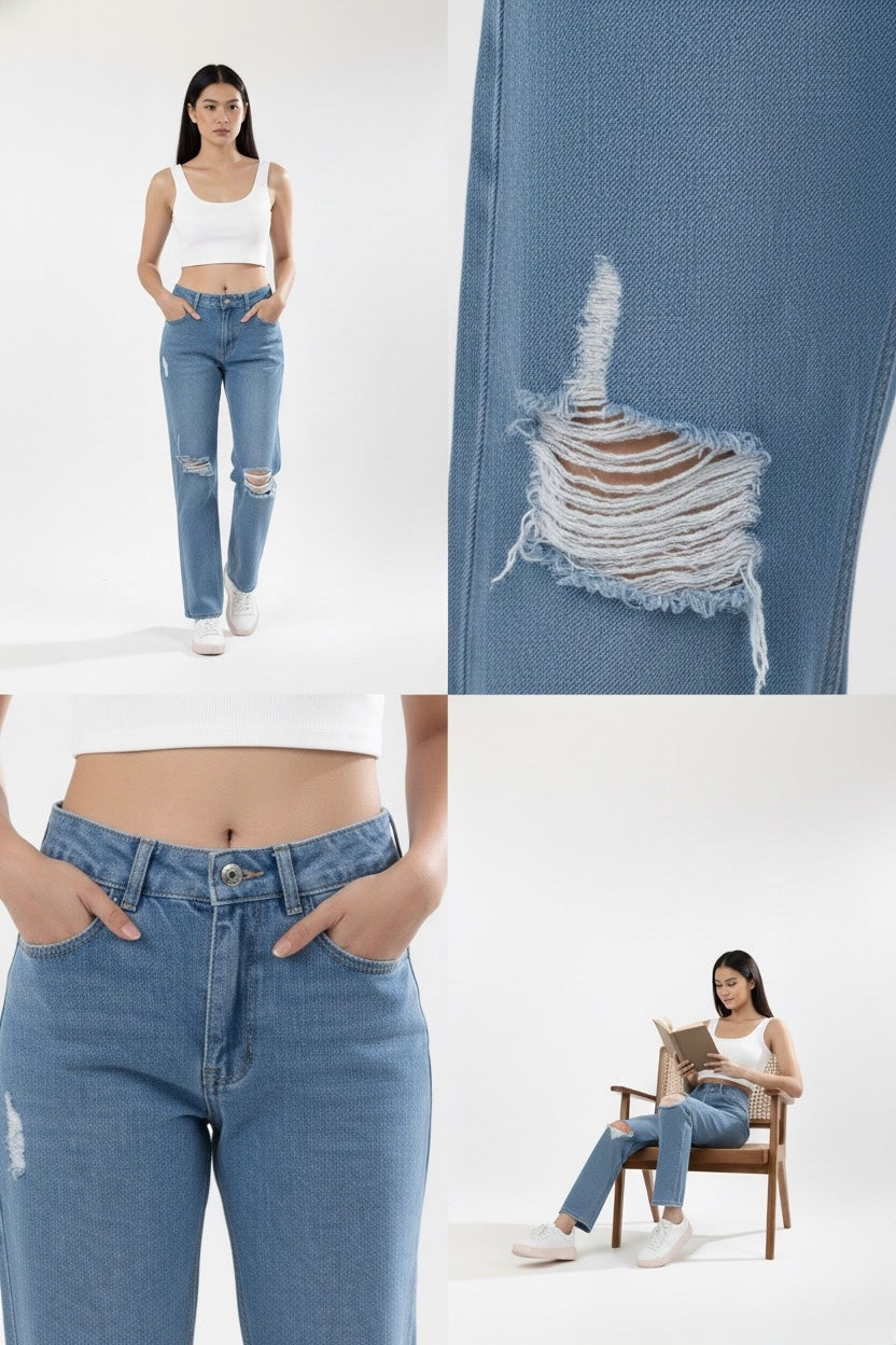 Distressed Straight fit denim