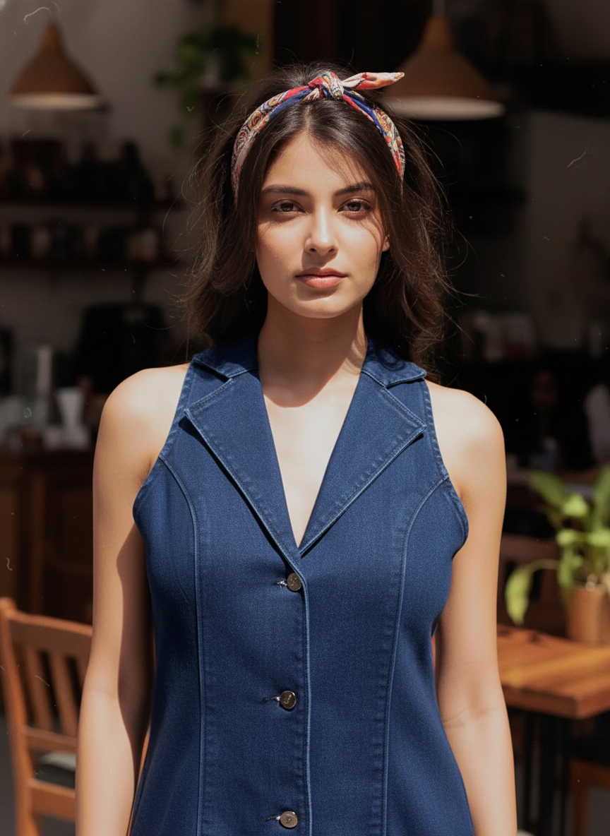 Halter Neck A-Line Denim Dress