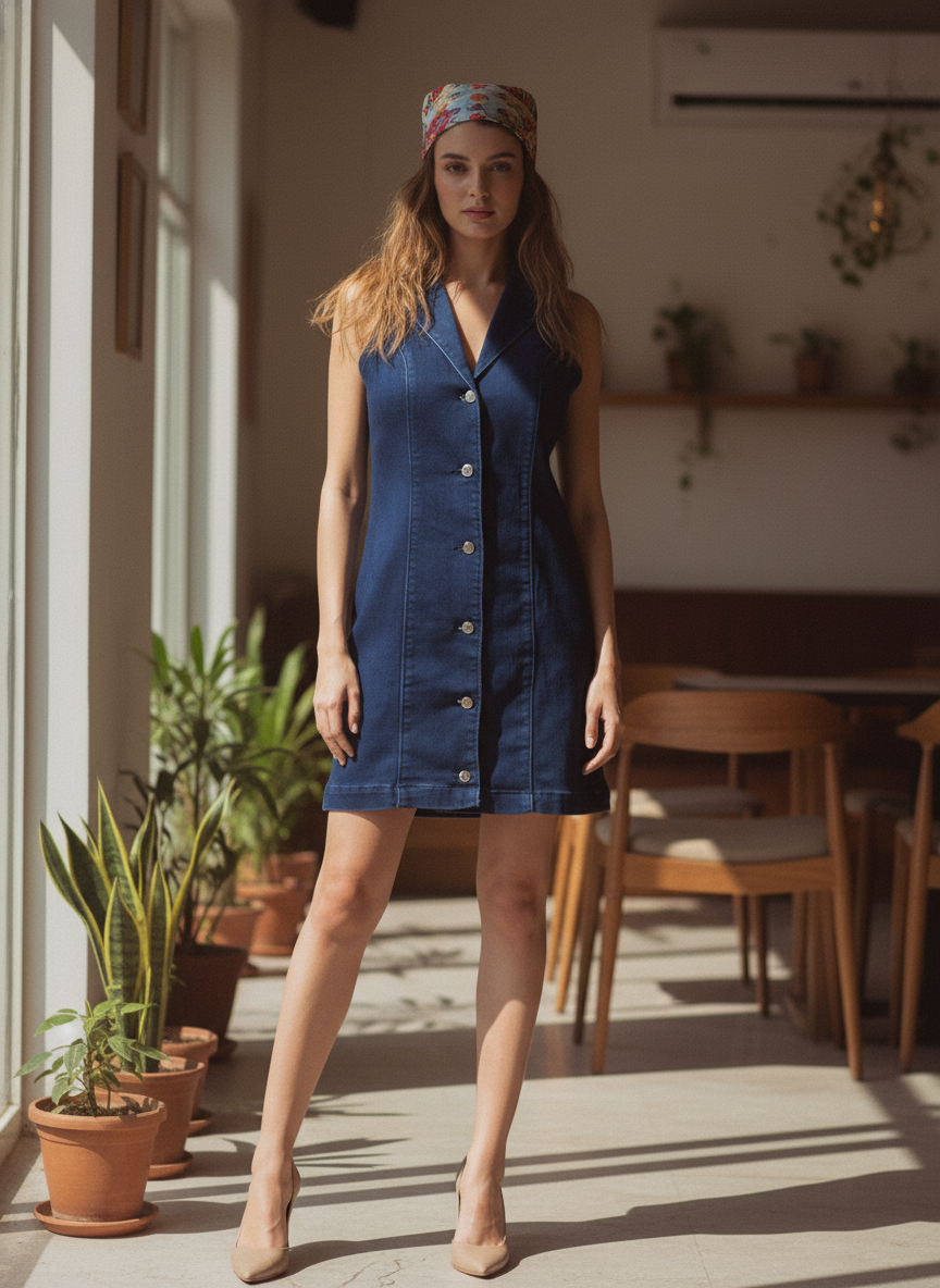 Halter Neck A-Line Denim Dress