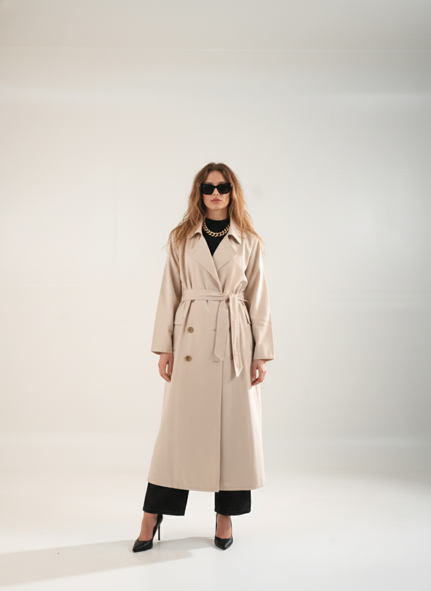 Belted long windbreaker coat