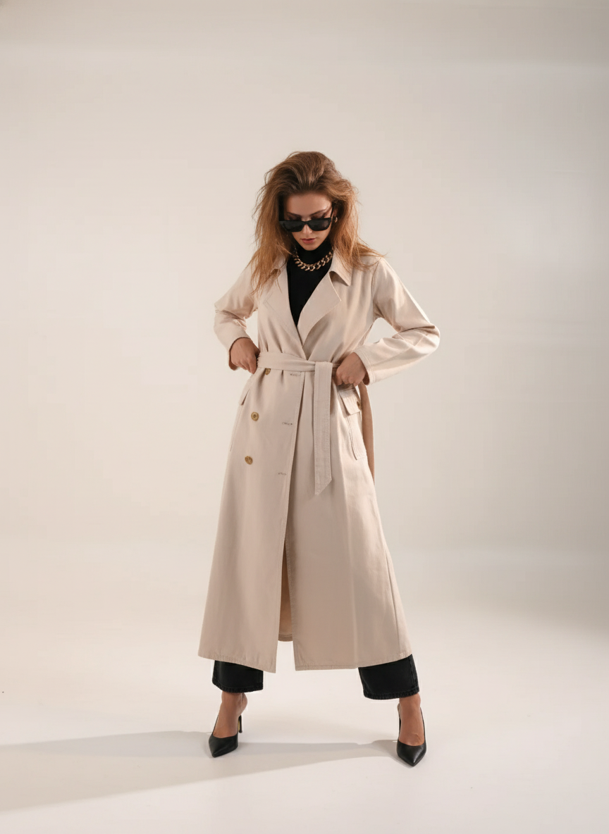 Belted long windbreaker coat
