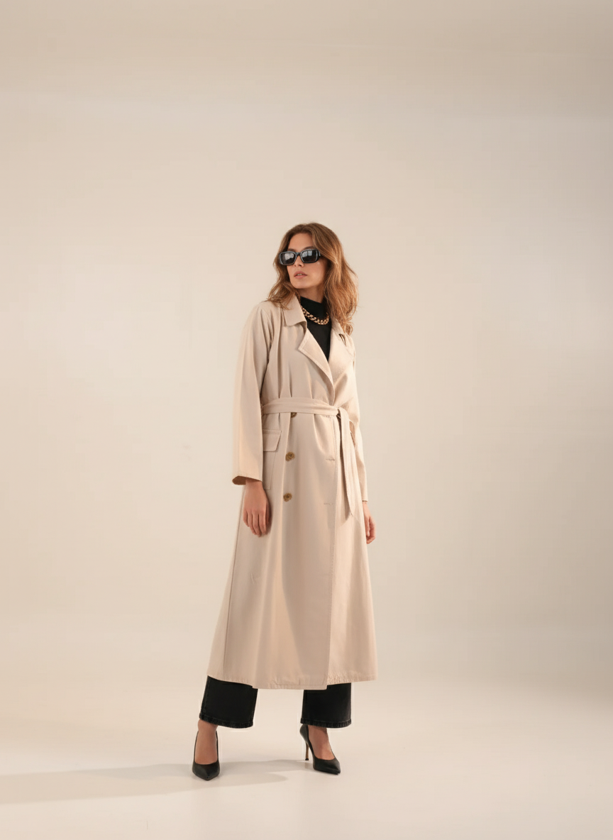 Belted long windbreaker coat